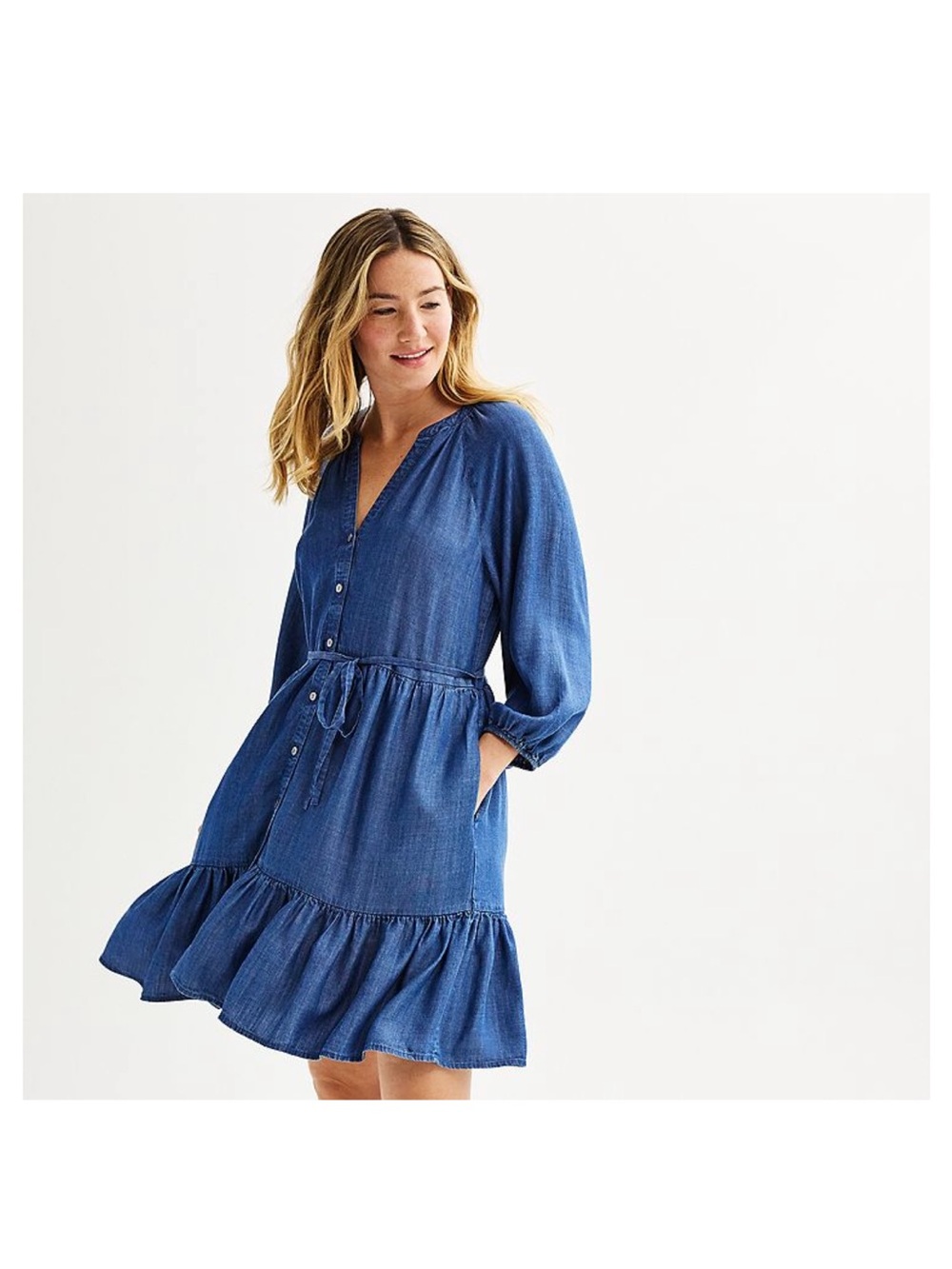 Sonoma Washed Blue Button-Front Midi Dress with Tie Waist